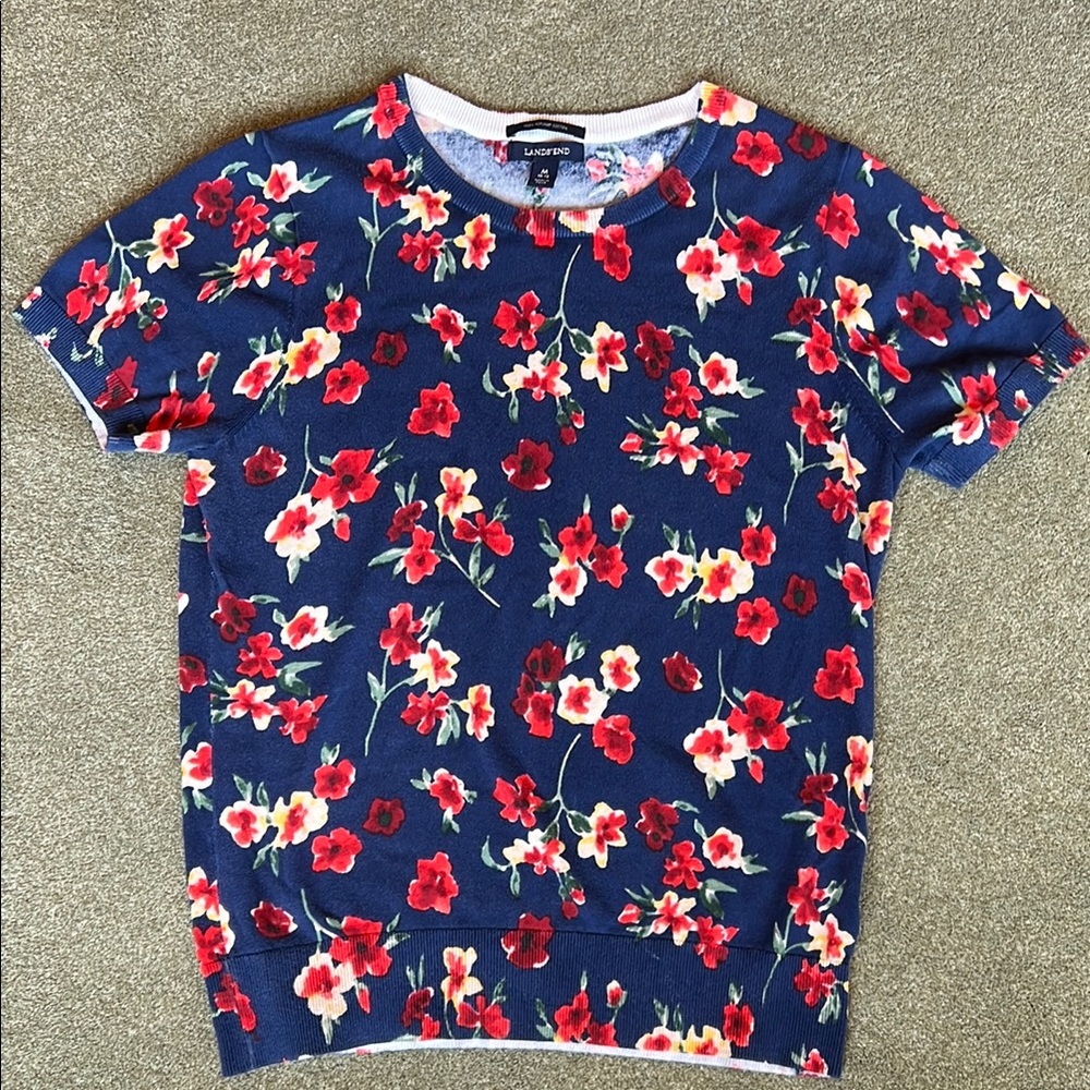Lands' End Navy Floral Sweater